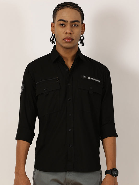Zip Pocket Stretchable Black Cargo Shirt