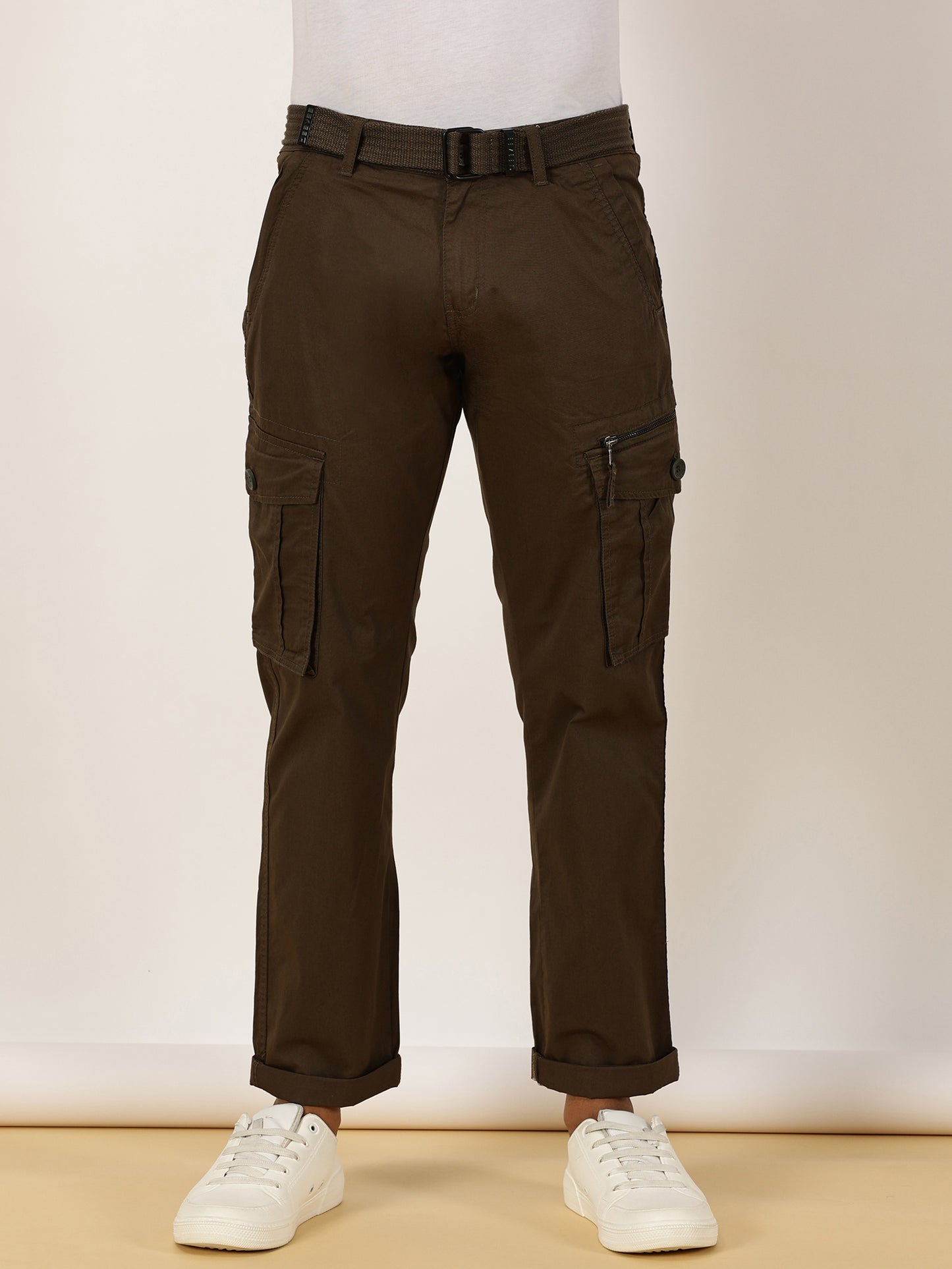 BEEVEE Men's Solid Olive Cargo Pants with Belt