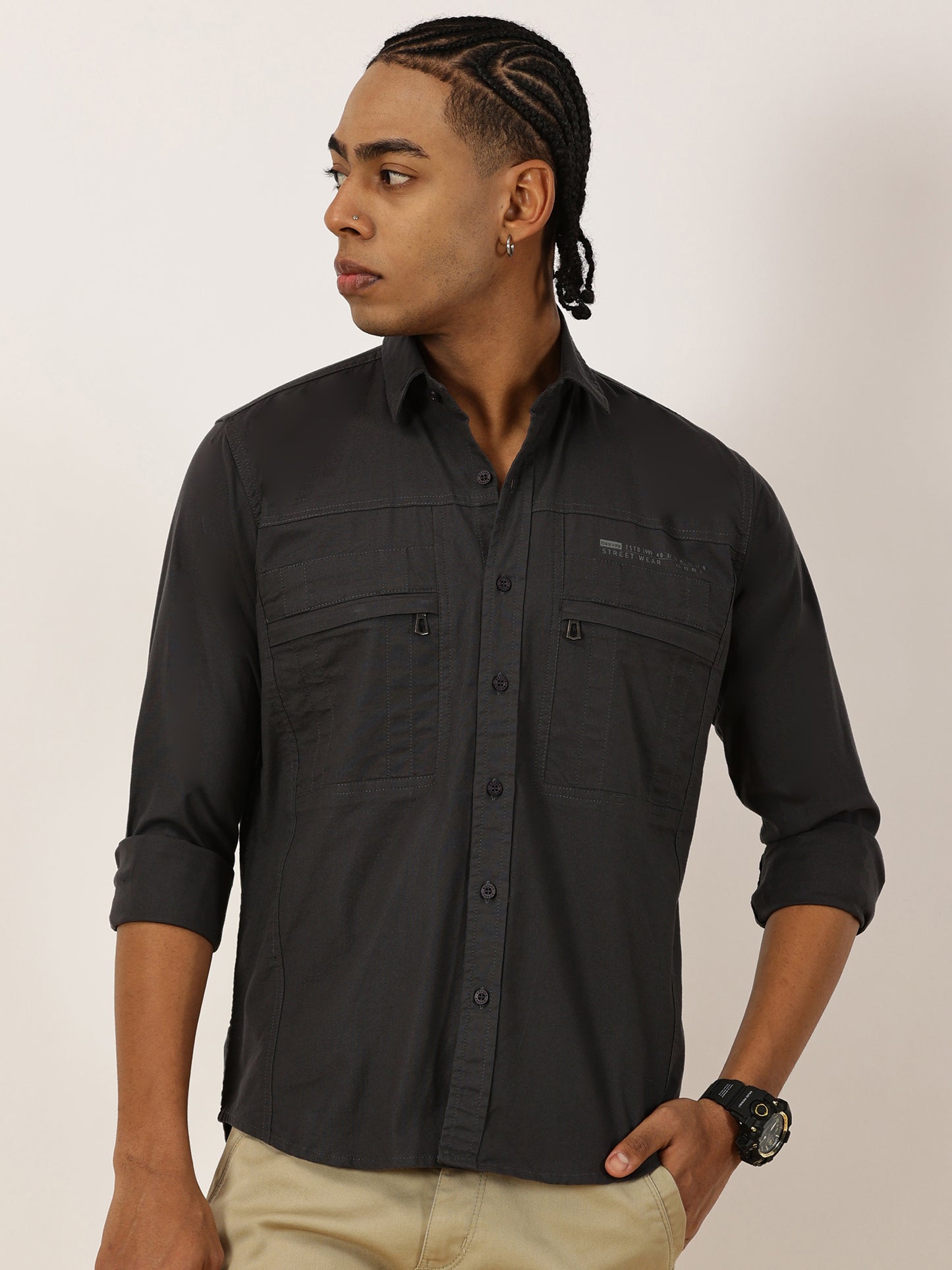 Multi Pocket with Zip Stretchable Grey Cargo Shirt