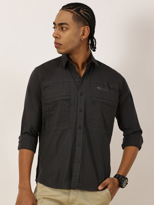 Multi Pocket with Zip Stretchable Grey Cargo Shirt
