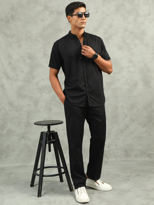Black Regular Fit Half Sleeve Solid Casual Co-ord Sets
