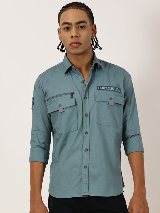 Zip Pocket Stretchable Blue Cargo Shirt