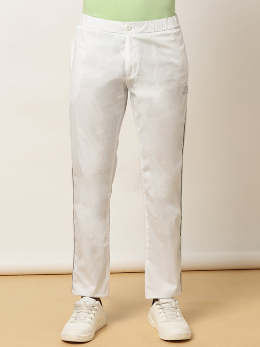 Elasticated Waist Zip Pocket Stretchable White Lounge Pants with Side Tape