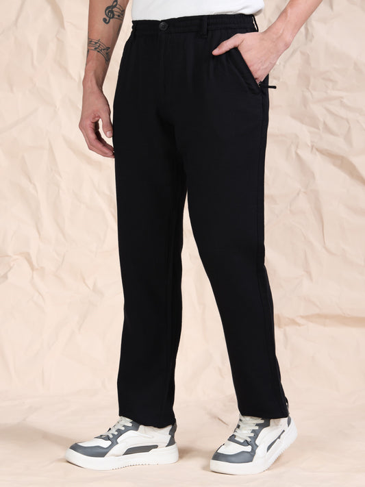Black Cotton Linen Solid Mid Rise Pyjama
