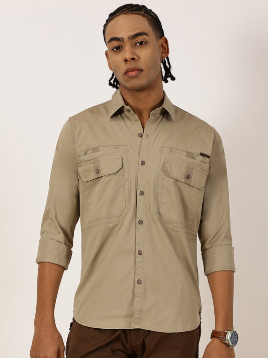 Double Pocket Stretchable Beige Cargo Shirt