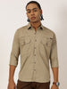 Double Pocket Stretchable Beige Cargo Shirt