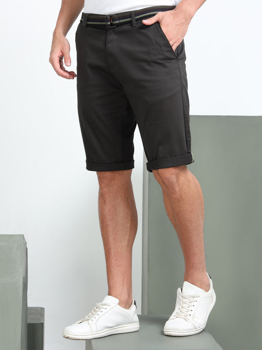 Solid Mid Rise Olive Casual Shorts