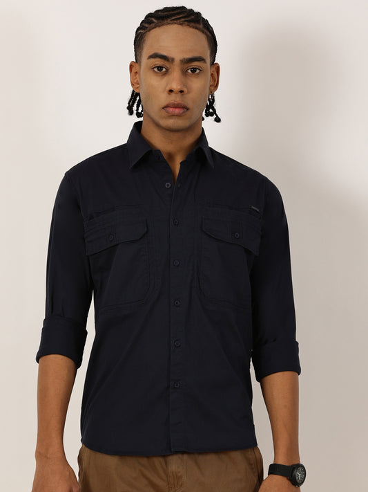Double Pocket Stretchable Navy Cargo Shirt
