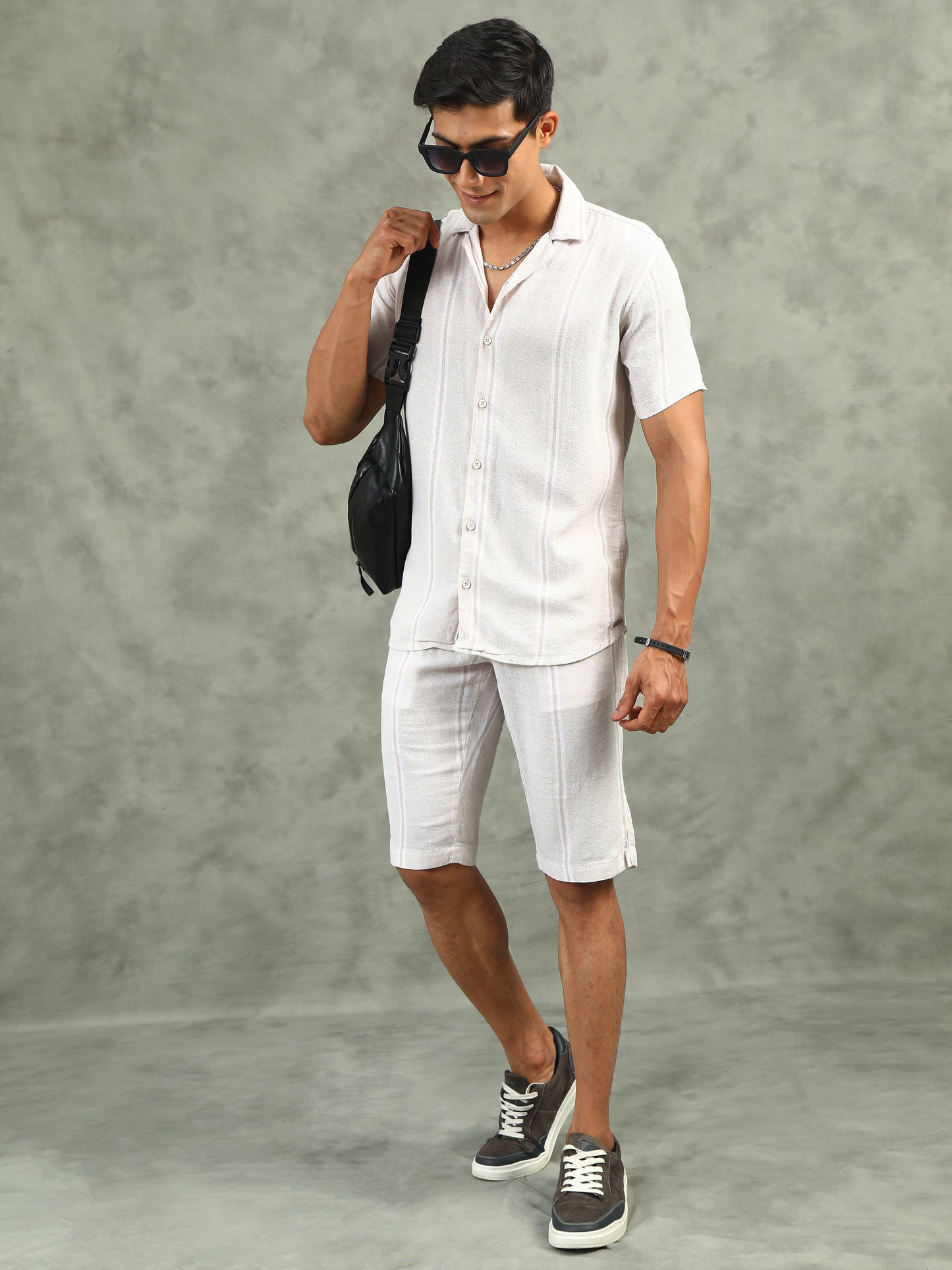 Striped Cream Regular Fit Knee-Length Casual Co-ord Set