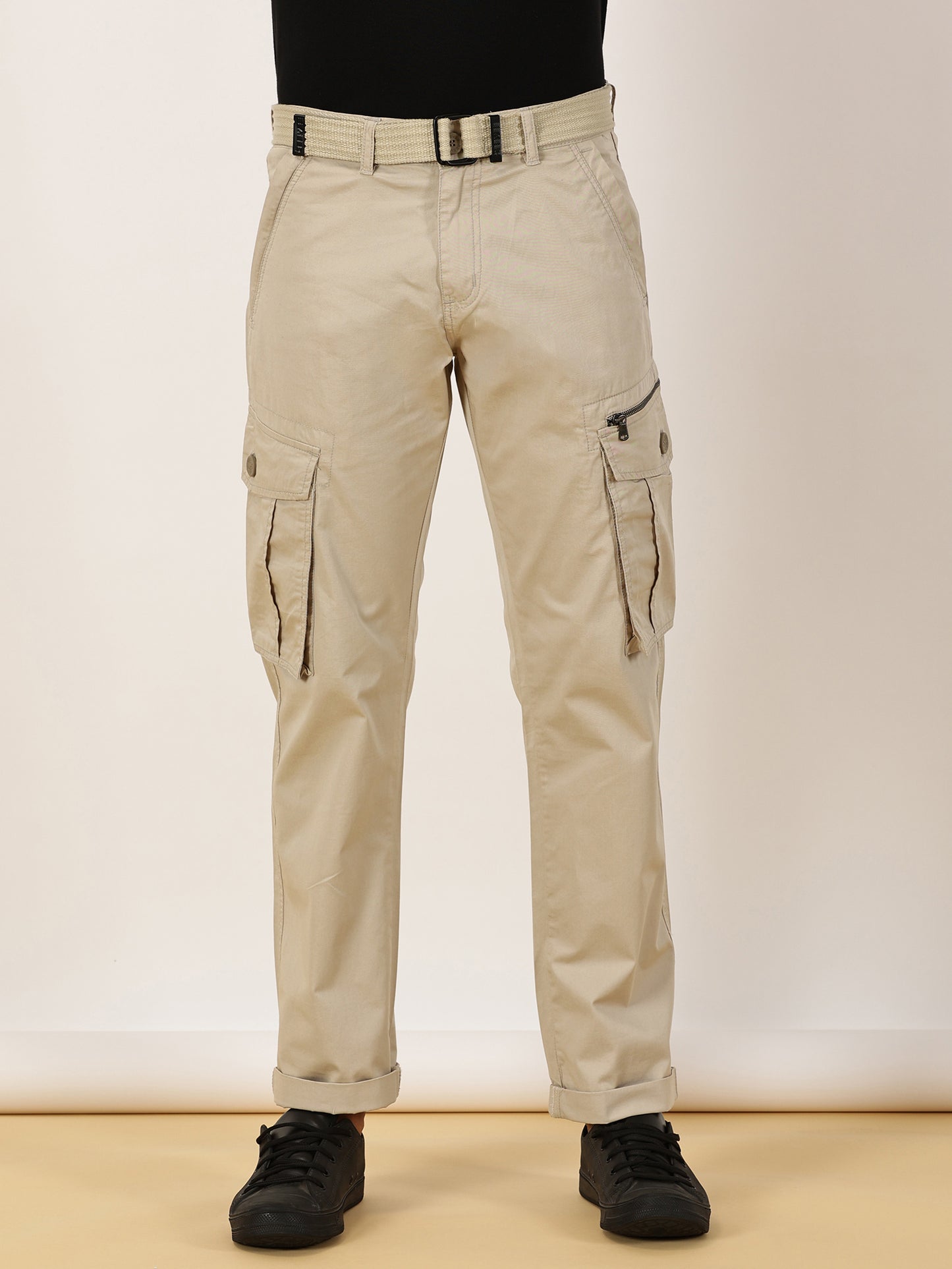 BEEVEE Men's Solid Beige Cargo Pants with Belt