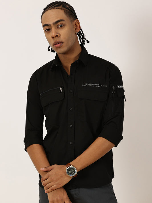 Zip Pocket Stretchable Black Cargo Shirt