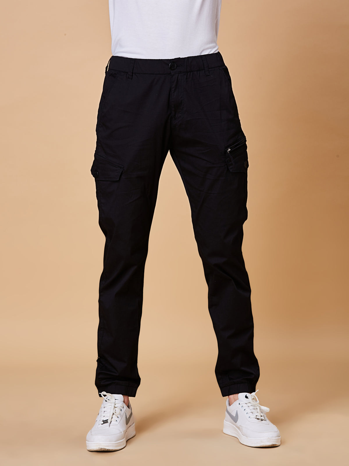 BEEVEE Men's Cotton Blend Solid Regular Fit Elasticated Waist Band Casual Jogger Cargo Black