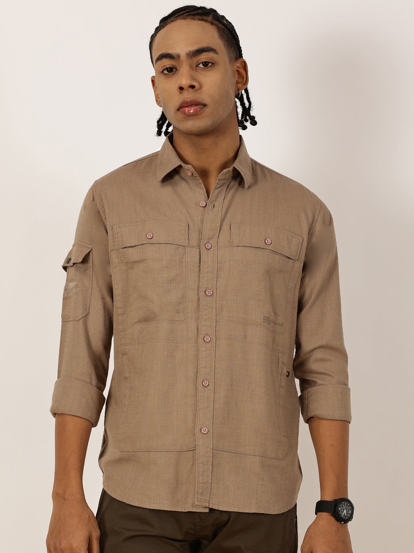 Multi Pocket Beige Cargo Shirt