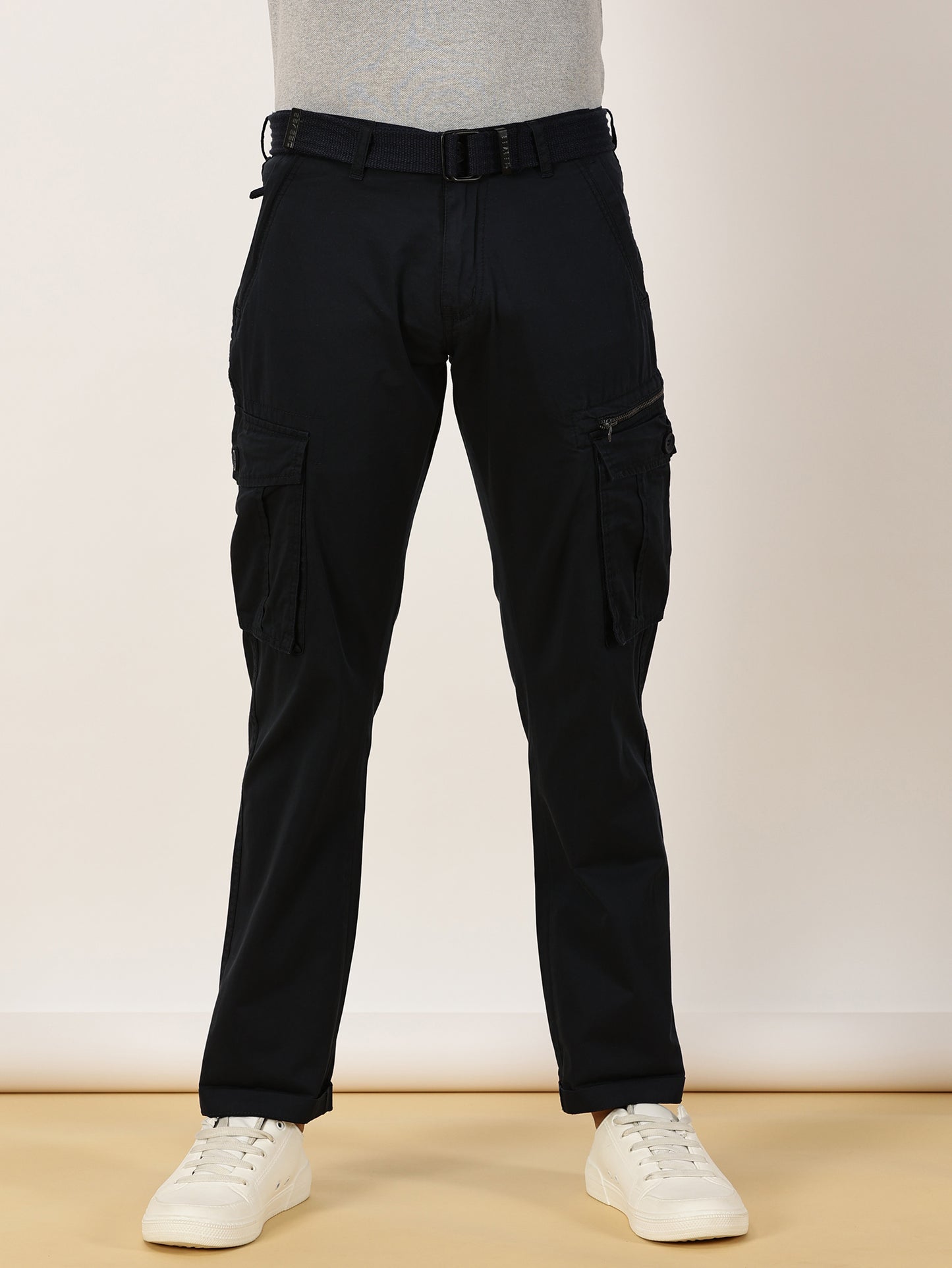 BEEVEE Men's Solid Navy Cargo Pants with Belt