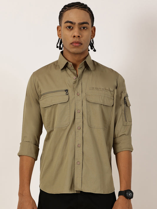 Zip Pocket Stretchable Olive Cargo Shirt