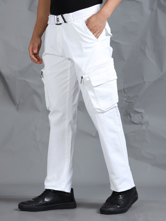 Cotton Lycra  White Mid Rise Cargo Pant with 8 Pockets