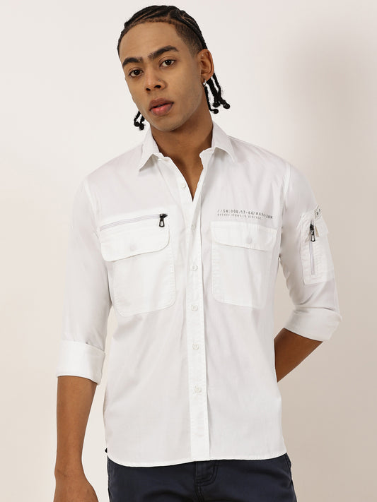 Zip Pocket Stretchable White Cargo Shirt