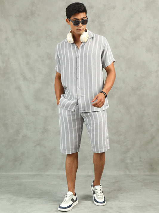 Grey Regular Fit Striped Co-Ord Sets