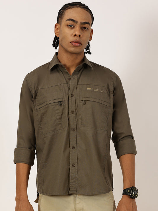 Multi Pocket with Zip Stretchable Green Cargo Shirt