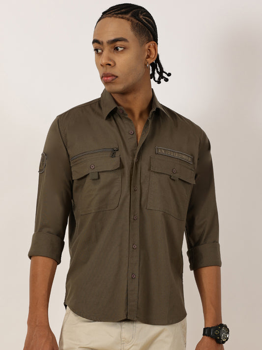 Zip Pocket Stretchable Dark Green  Cargo Shirt