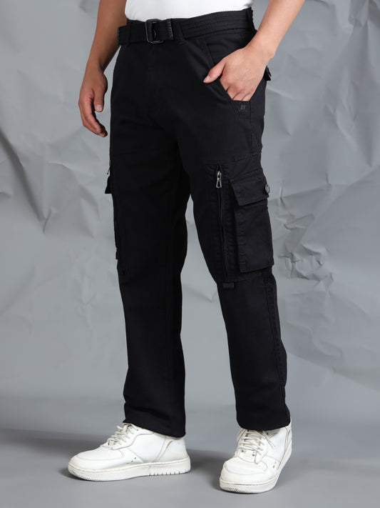 Cotton Lycra  Black Mid Rise Cargo Pant with 8 Pockets