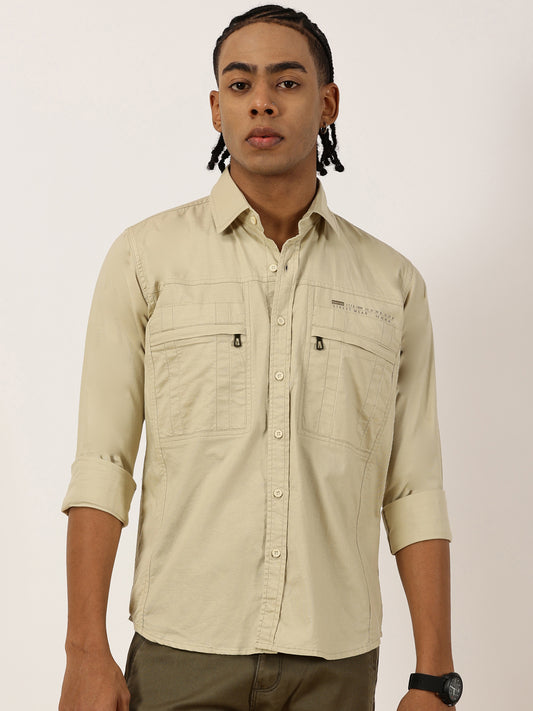 Multi Pocket with Zip Stretchable Beige Cargo Shirt