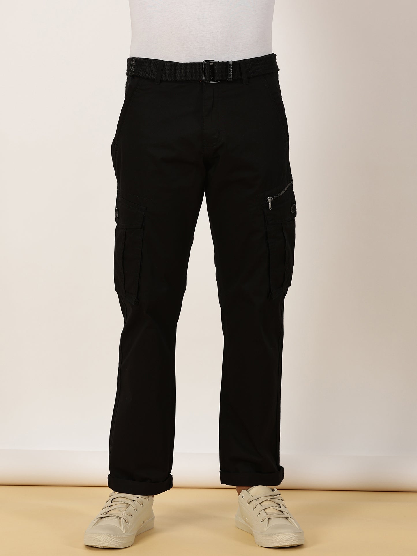BEEVEE Men's Solid Black Cargo Pants with Belt