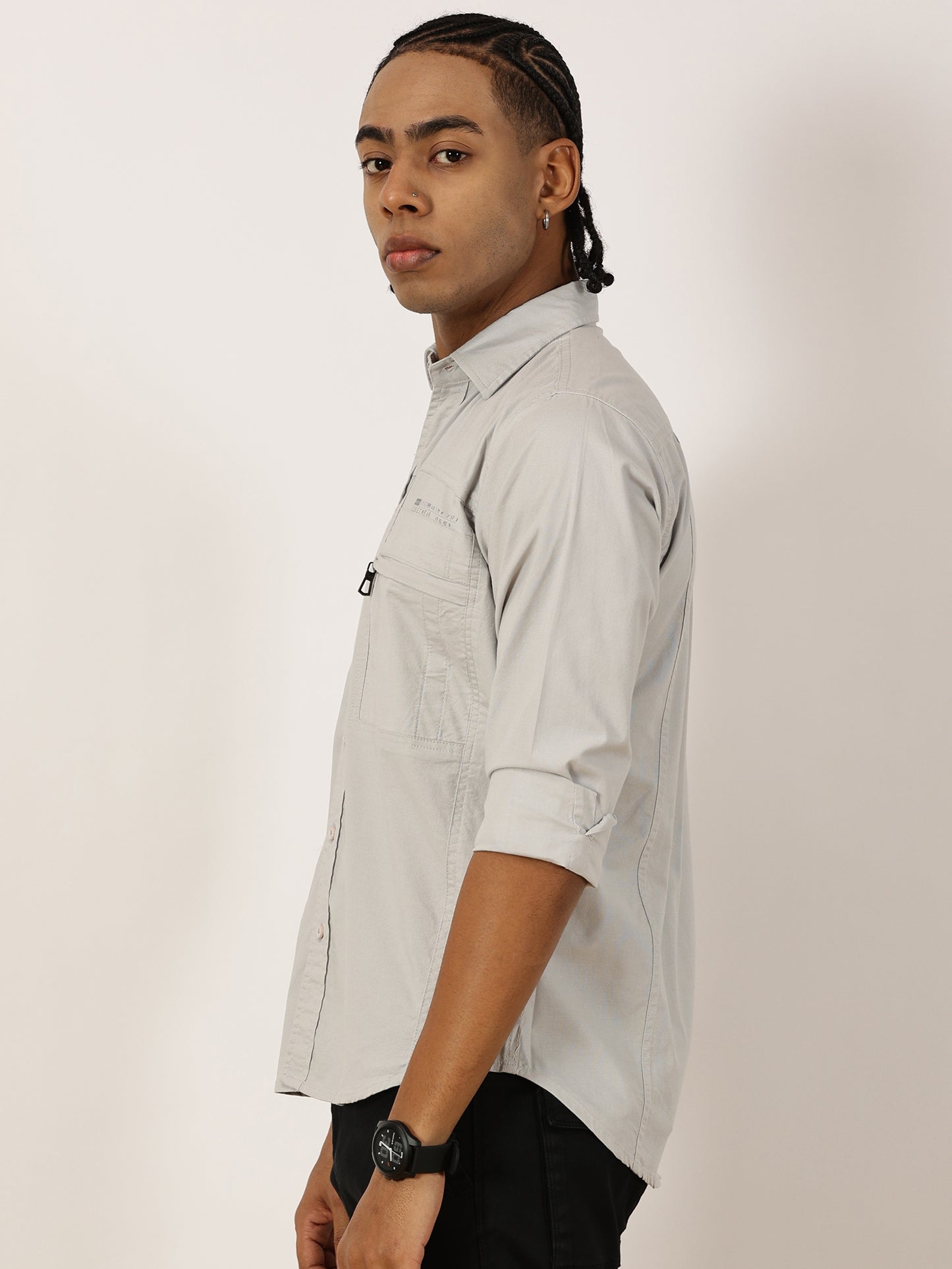 Multi Pocket with Zip Stretchable Light Grey Cargo Shirt