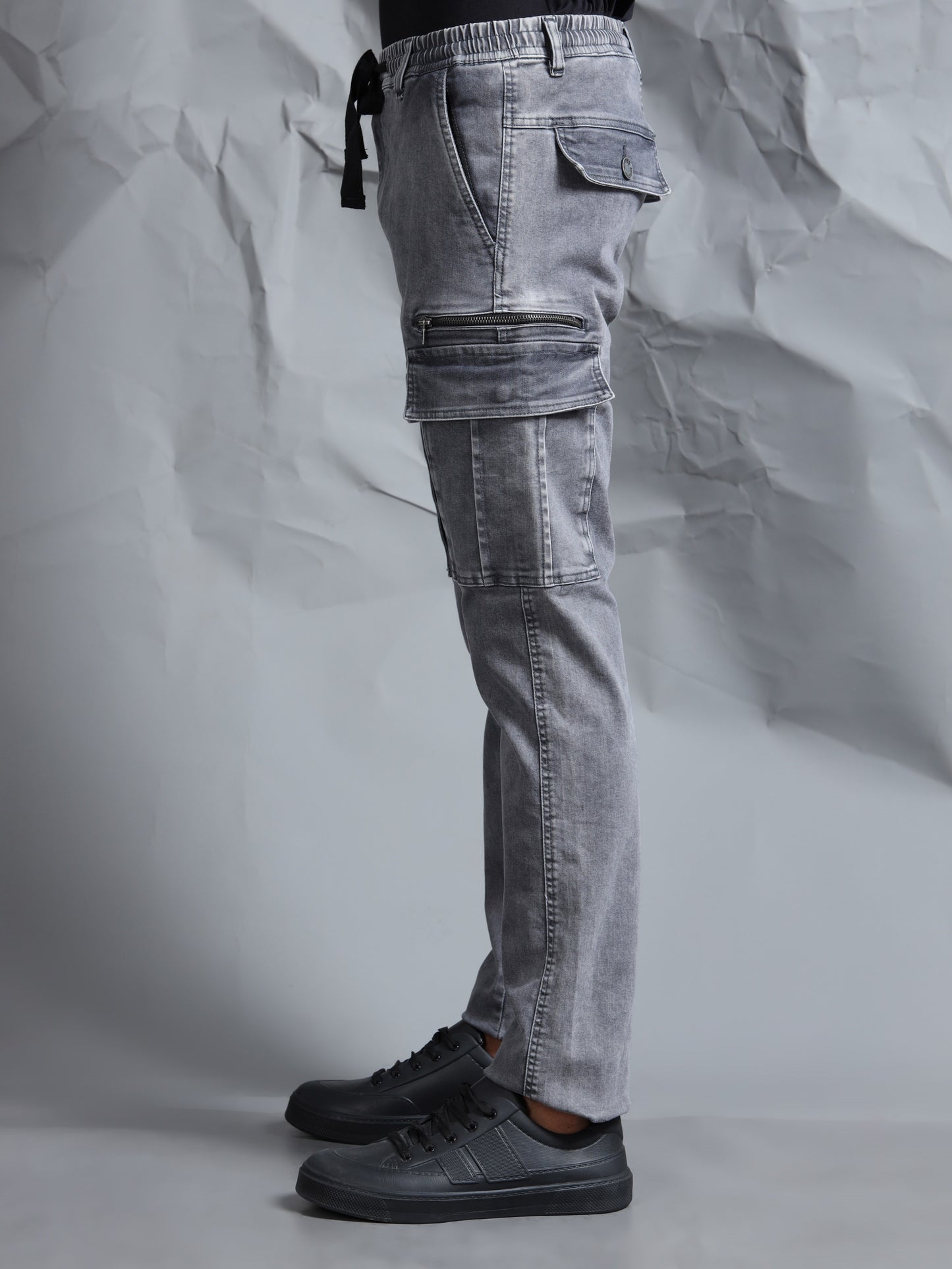 Cotton Lycra Grey  Mid Rise Cargo Pant with 7 Pockets  Drawstring Closure