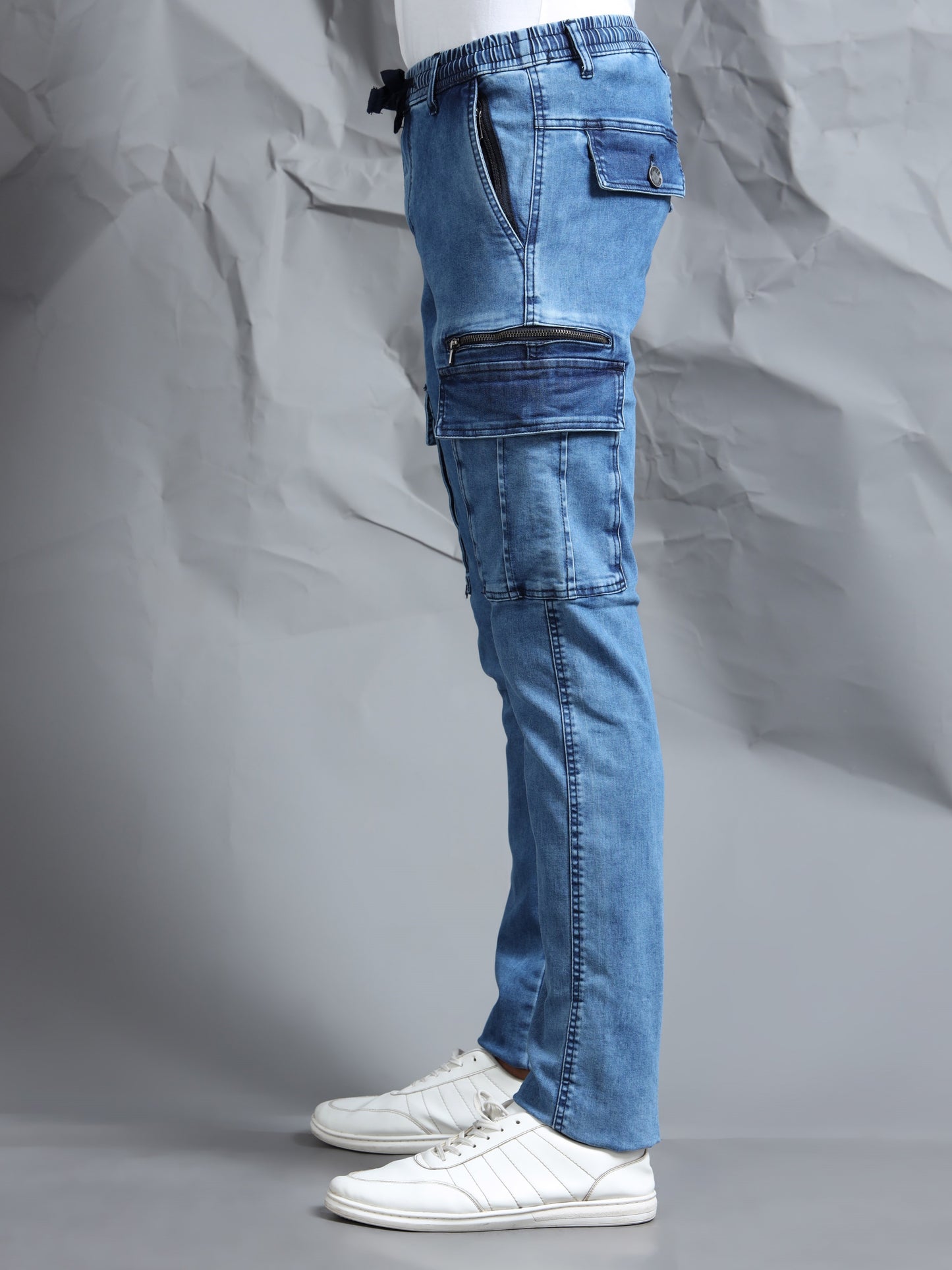 Cotton Lycra Indigo  Mid Rise Cargo Pant with 7 Pockets  Drawstring Closure
