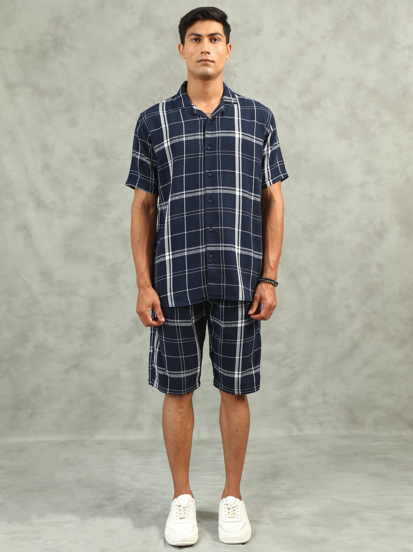 Checkered Navy Regular Fit Knee-Length Casual Co-ord Set