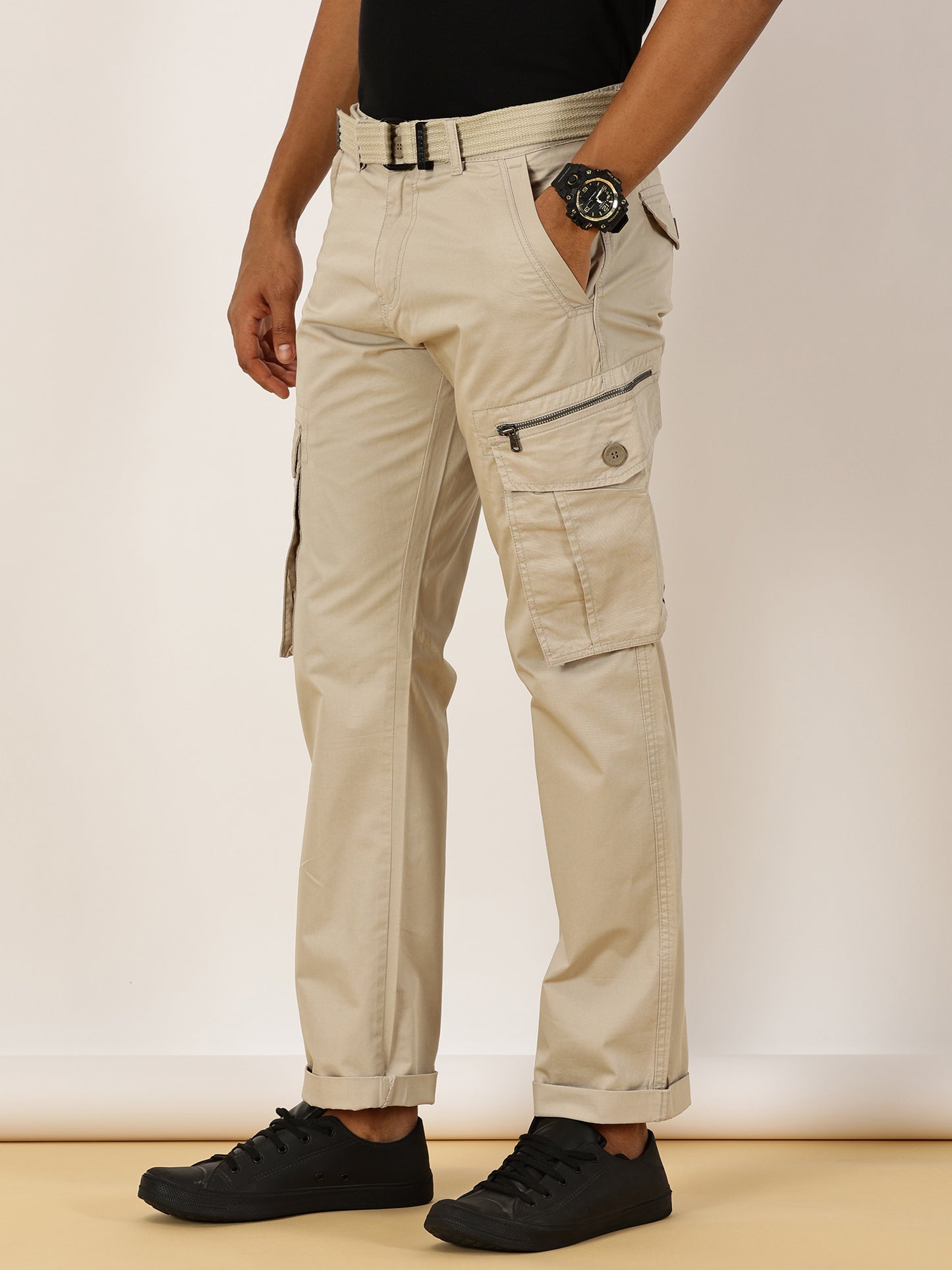 BEEVEE Men's Solid Beige Cargo Pants with Belt