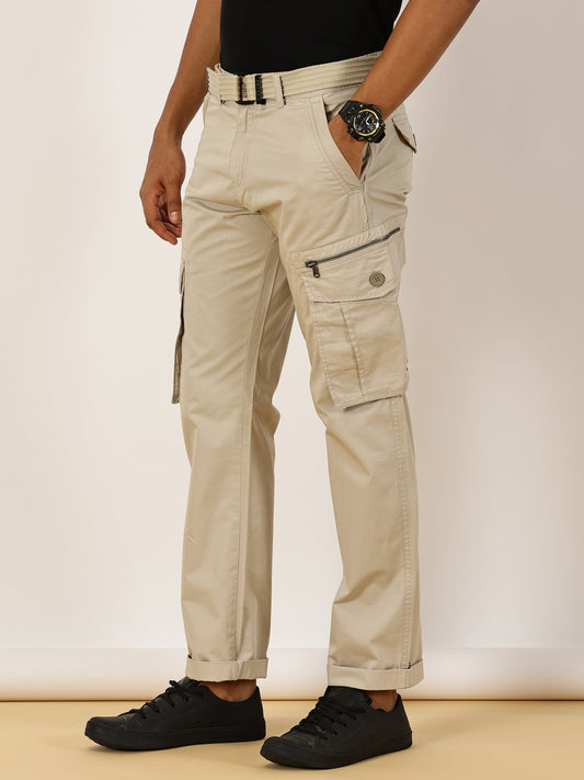 BEEVEE Men's Solid Beige Cargo Pants with Belt