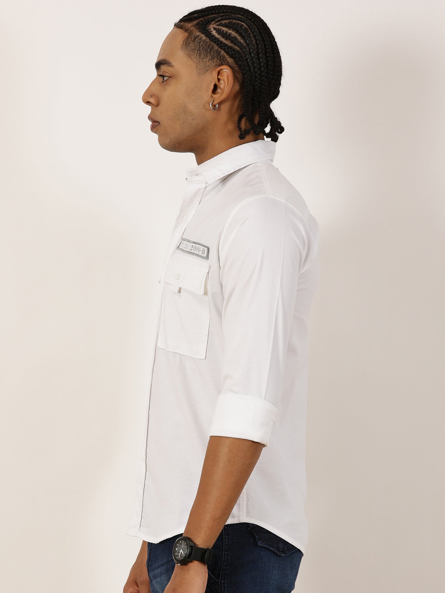 Zip Pocket Stretchable White Cargo Shirt