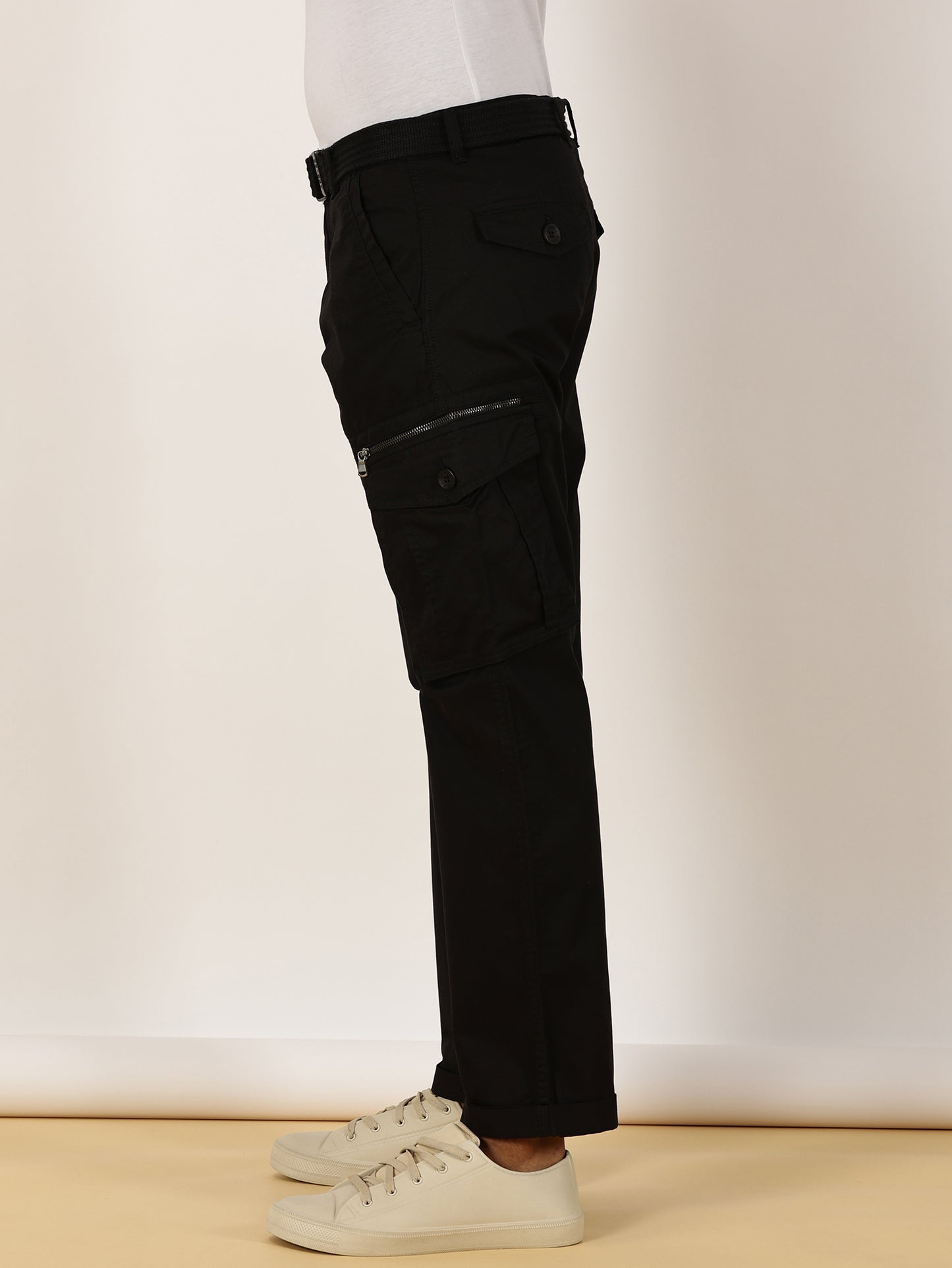 BEEVEE Men's Solid Black Cargo Pants with Belt