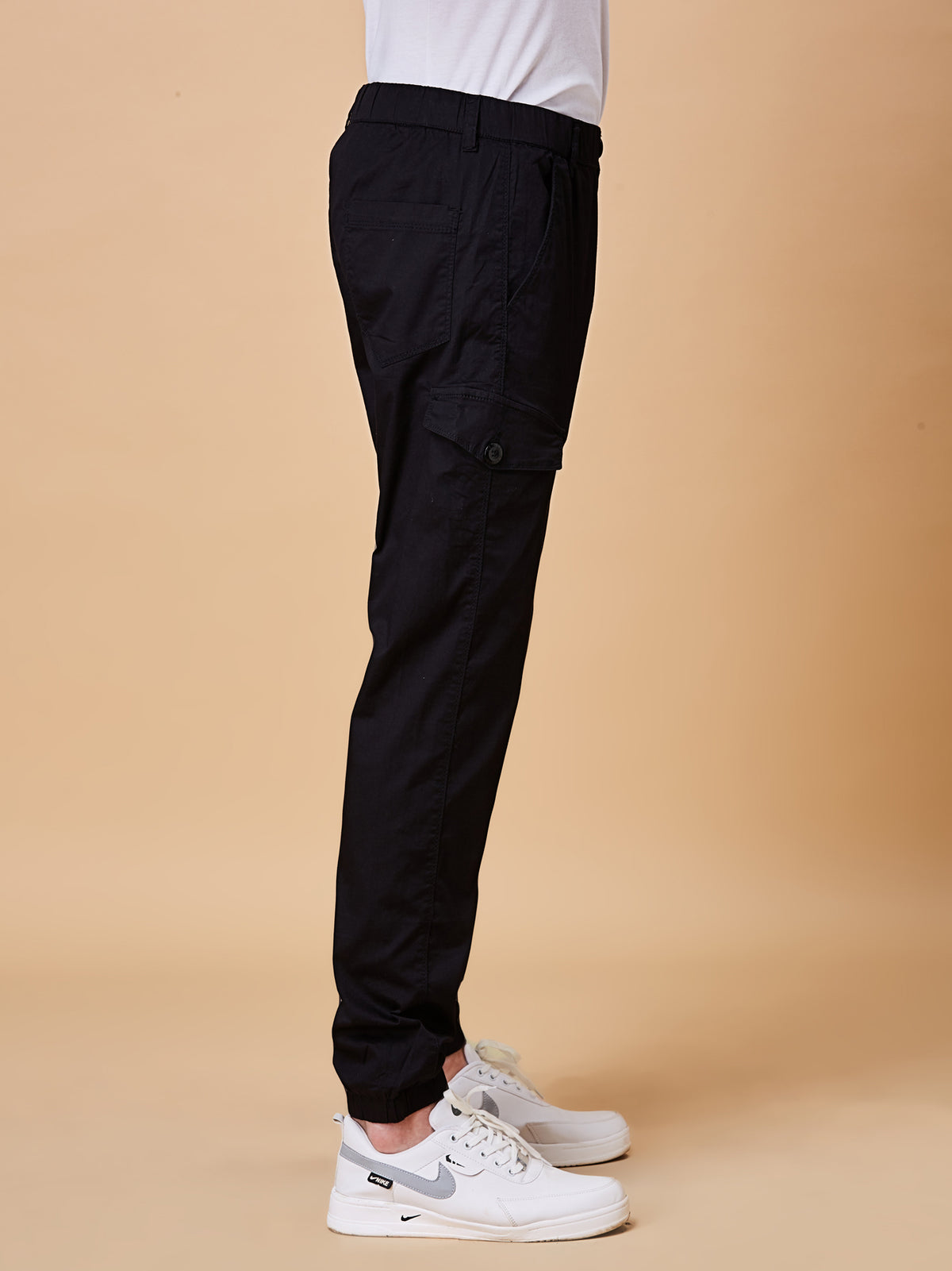 BEEVEE Men's Cotton Blend Solid Regular Fit Elasticated Waist Band Casual Jogger Cargo Black