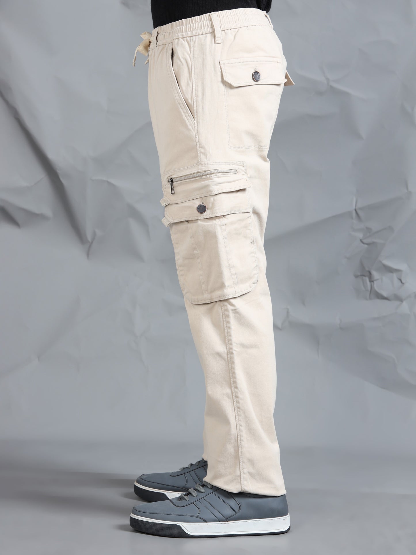 Cotton Lycra Sand  Mid Rise Cargo Pant with 7 Pockets  Drawstring Closure
