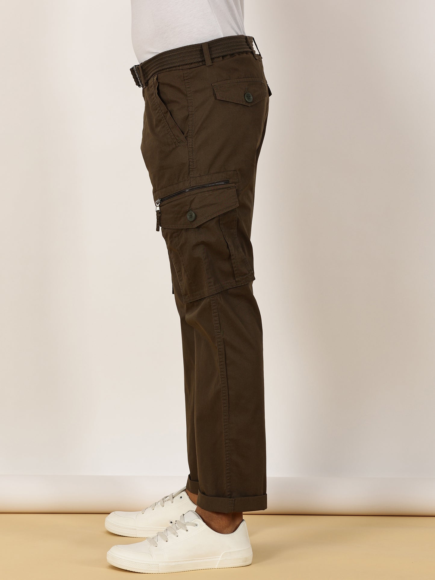 BEEVEE Men's Solid Olive Cargo Pants with Belt