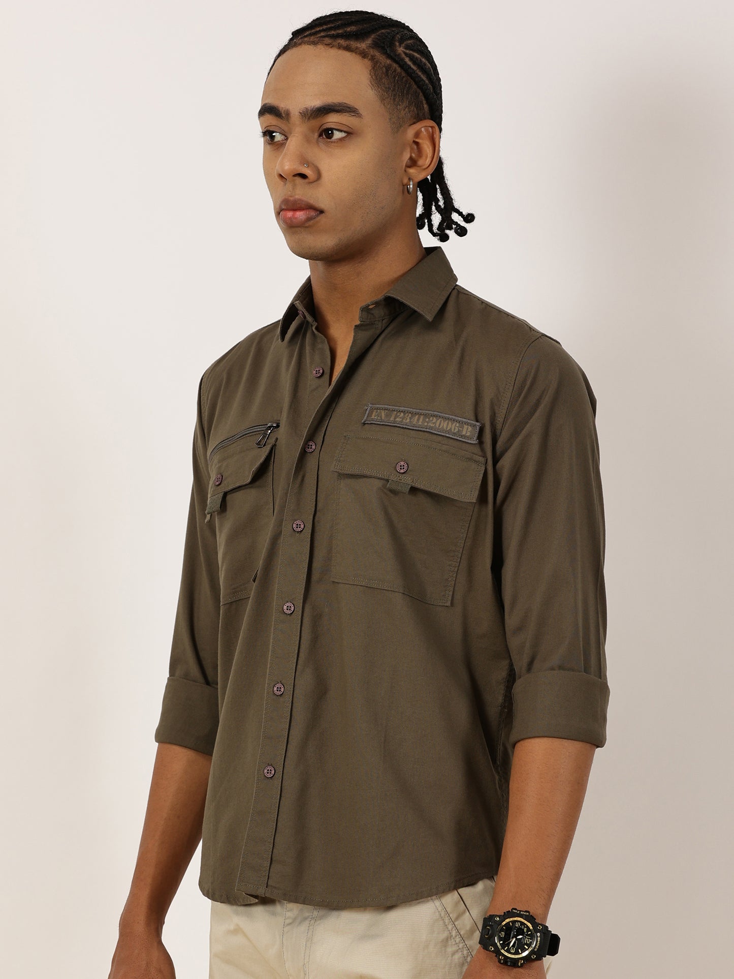 Zip Pocket Stretchable Dark Green  Cargo Shirt