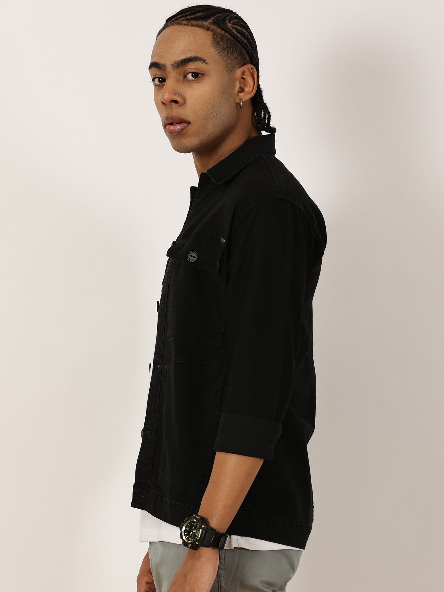 Multi Pocket Denim Black Cargo Shacket
