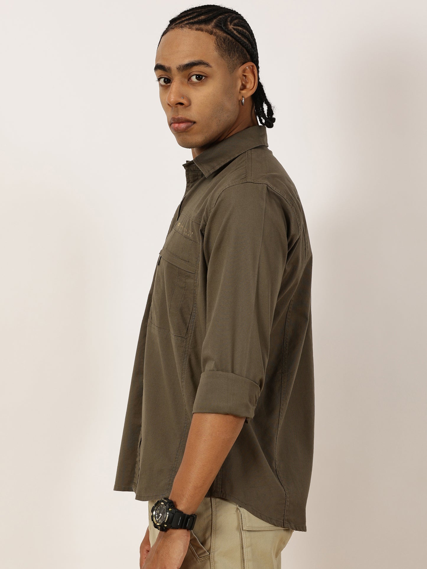 Multi Pocket with Zip Stretchable Green Cargo Shirt