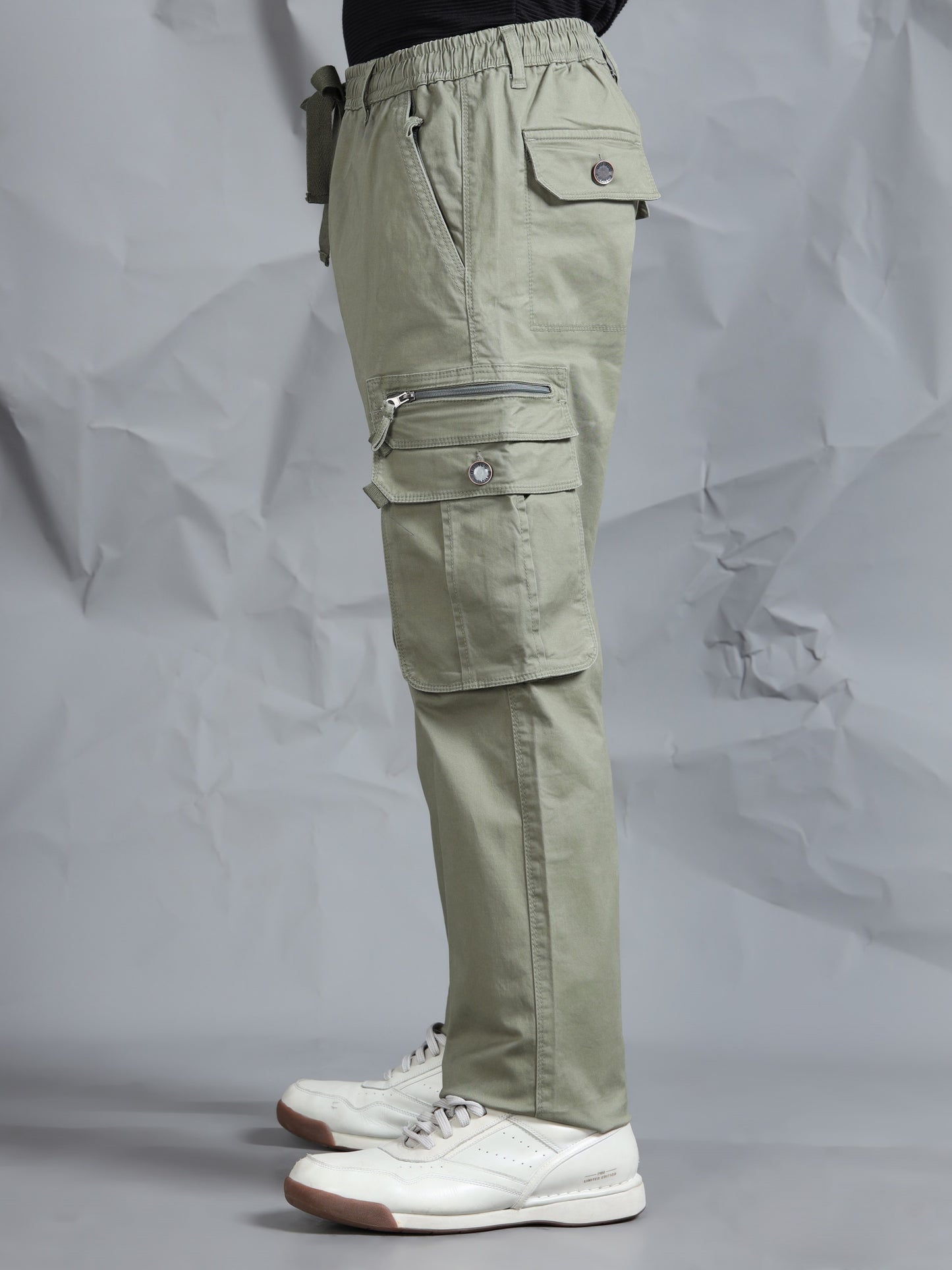 Cotton Lycra Green  Mid Rise Cargo Pant with 7 Pockets  Drawstring Closure
