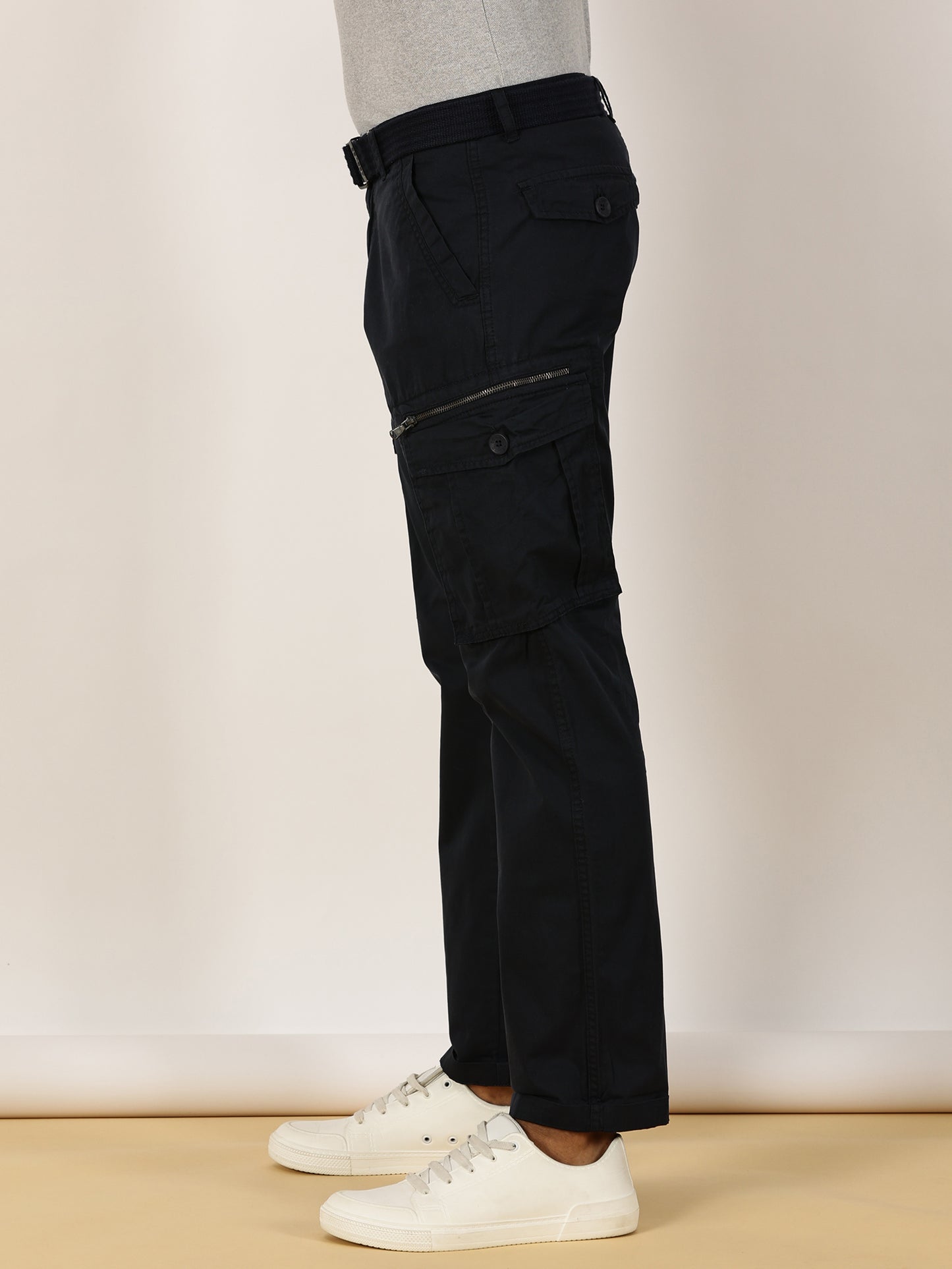 BEEVEE Men's Solid Navy Cargo Pants with Belt