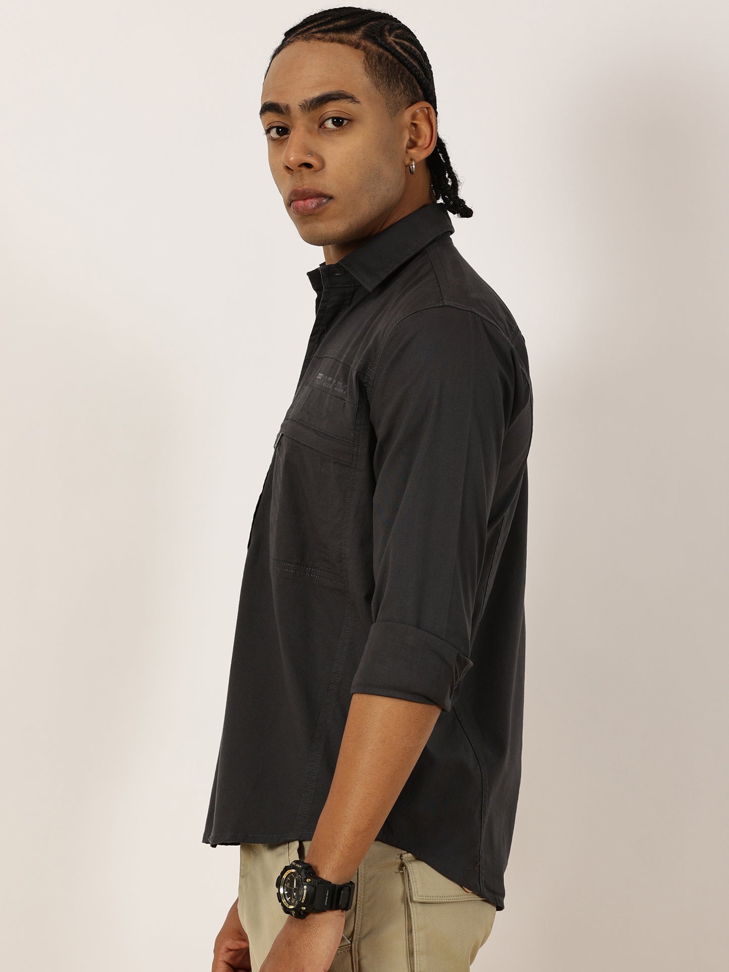 Multi Pocket with Zip Stretchable Grey Cargo Shirt