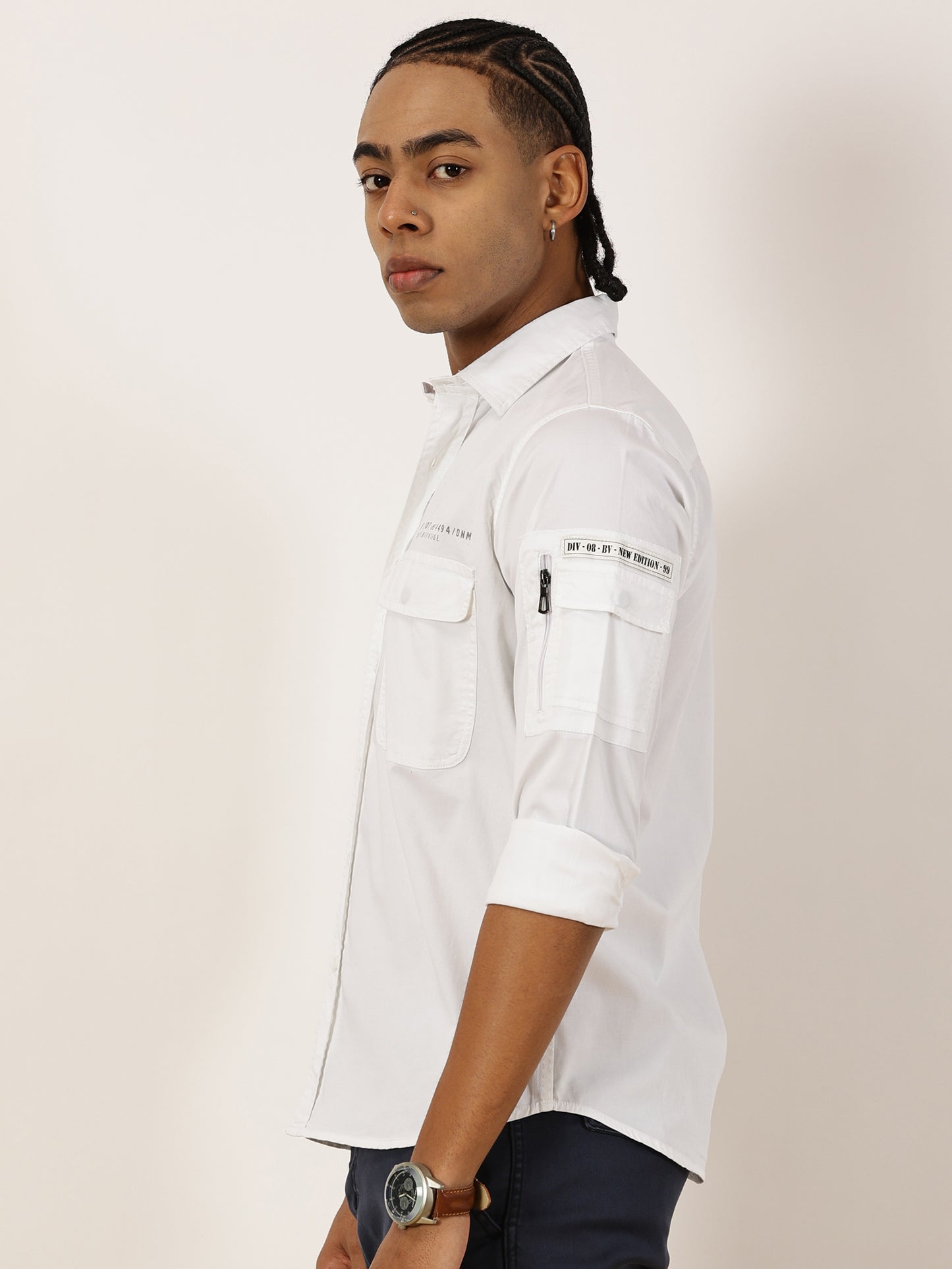Zip Pocket Stretchable White Cargo Shirt