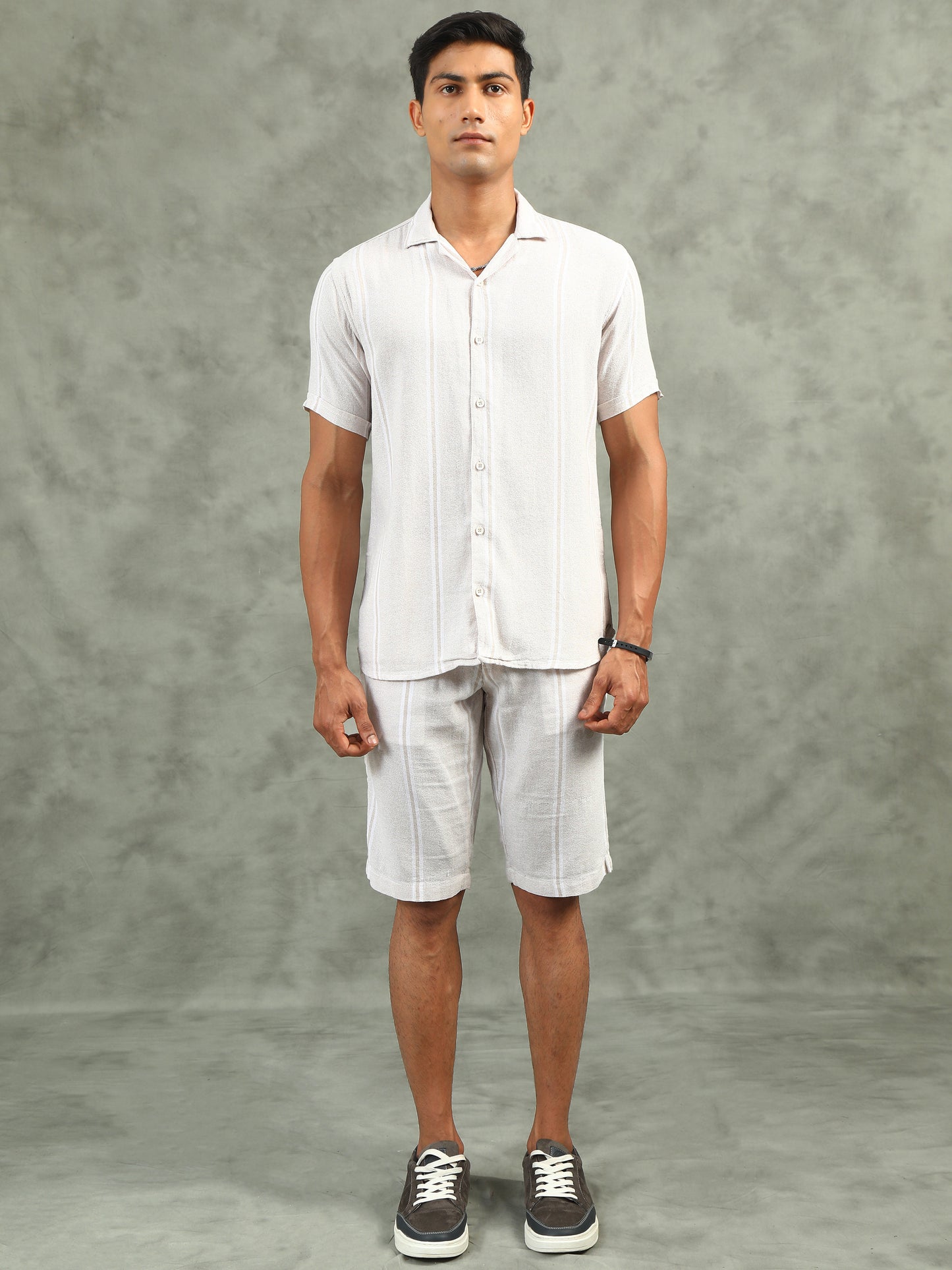 Striped Cream Regular Fit Knee-Length Casual Co-ord Set