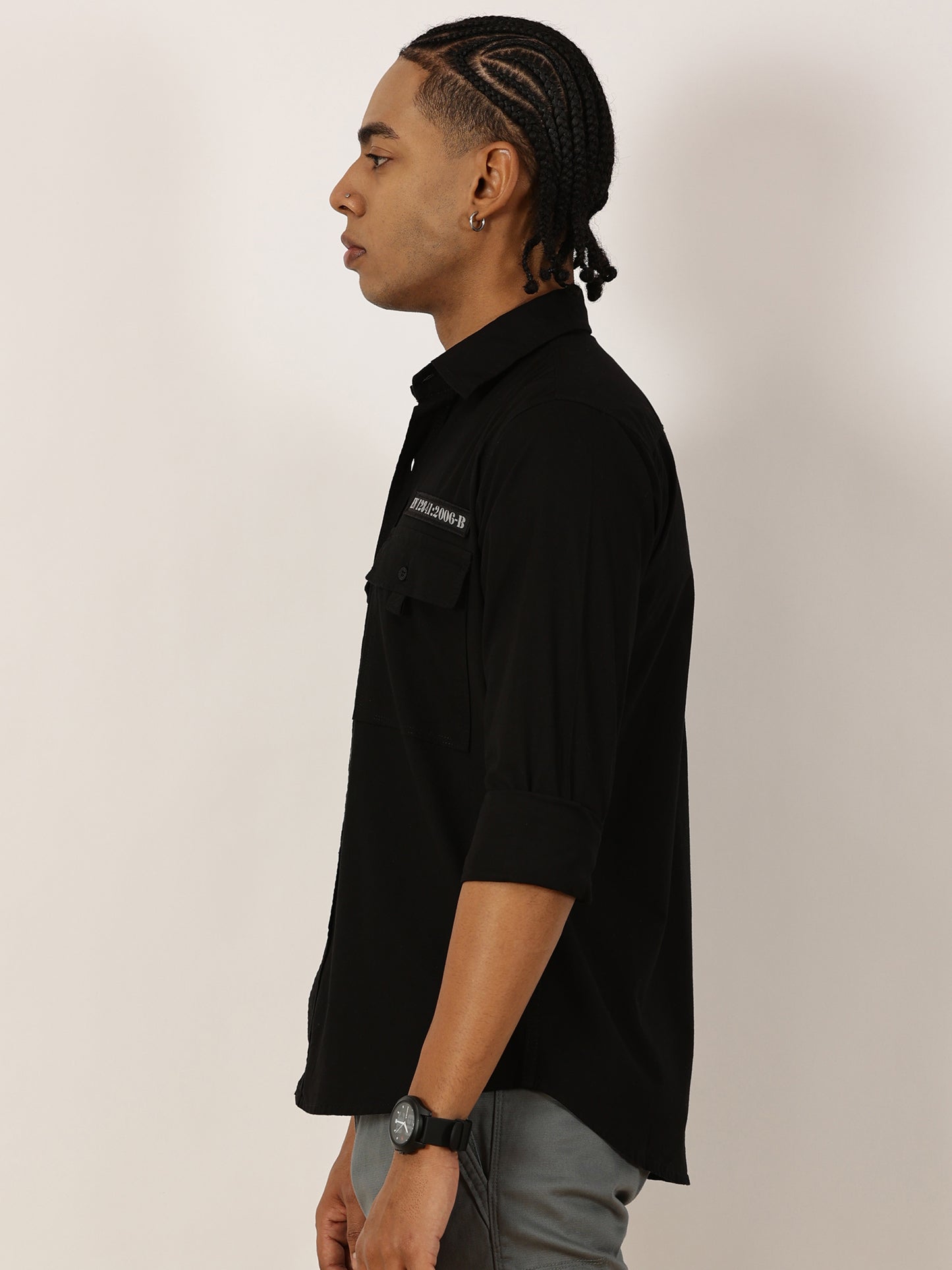 Zip Pocket Stretchable Black Cargo Shirt