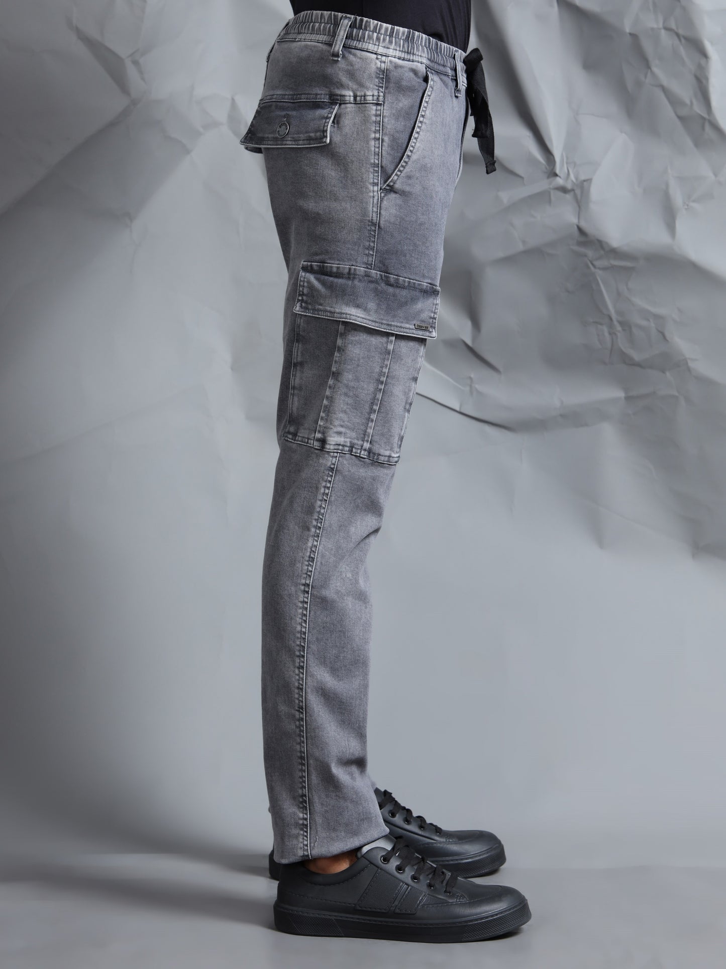 Cotton Lycra Grey  Mid Rise Cargo Pant with 7 Pockets  Drawstring Closure