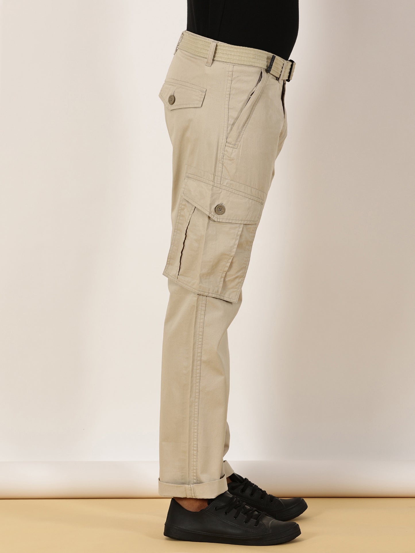 BEEVEE Men's Solid Beige Cargo Pants with Belt