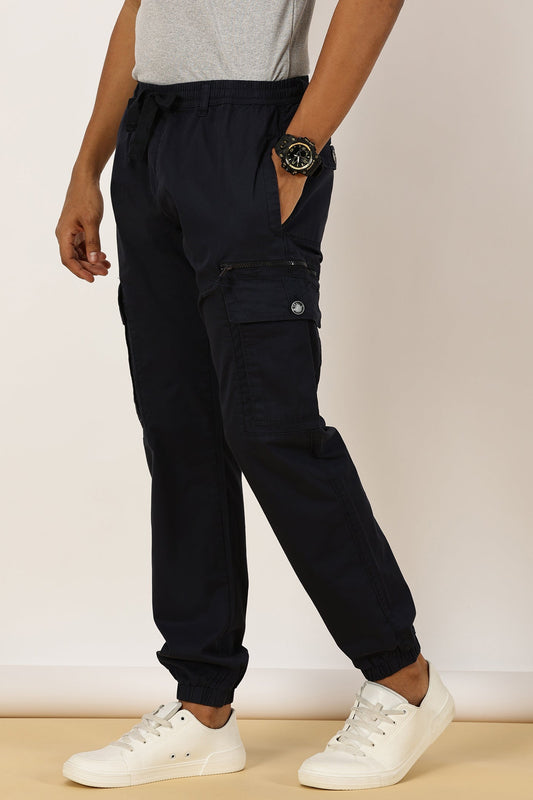 Elasticated Waist Zip Pocket Stretchable Navy Jogger Cargo